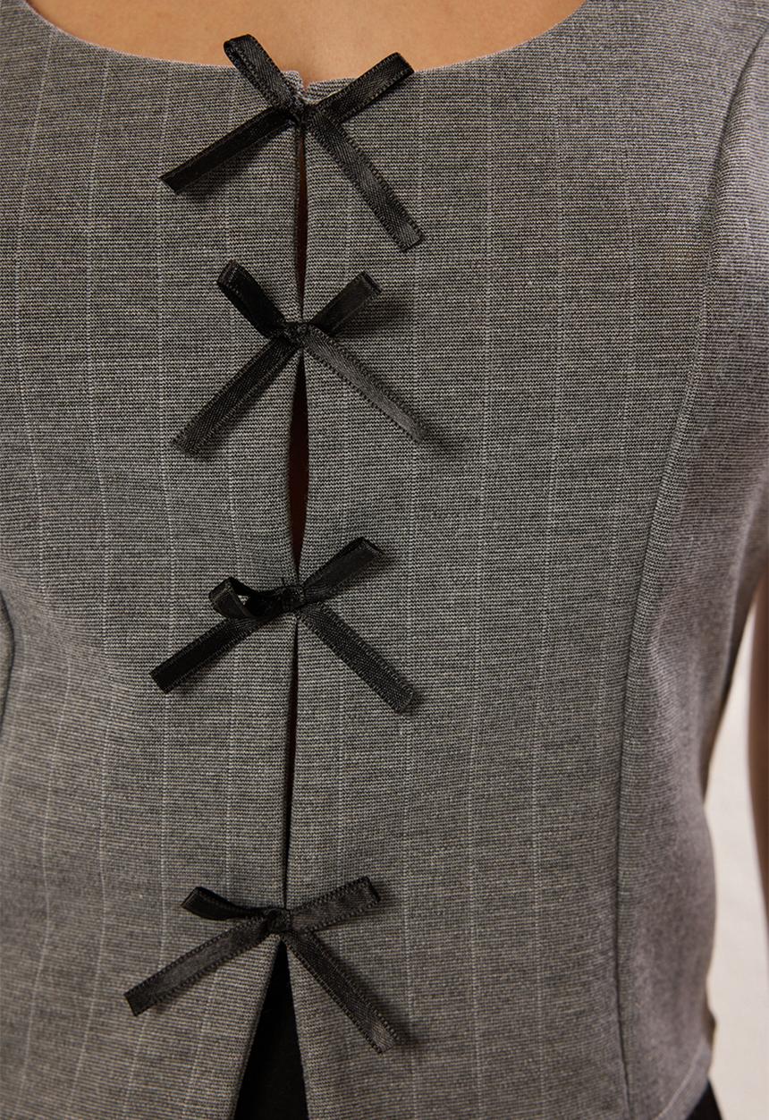 Trendyol - Striped Ribbon Binding Detailed Body Fitting Knitted Blouse - Grey