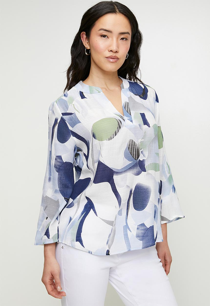 Stella Morgan - Johnny Collar V-Neck Scoop Hem Blouse - Blue