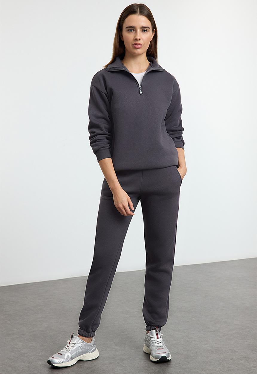 Trendyol - Fleece Anthracite Zippered Jogger Tracksuit Set - Anthracite