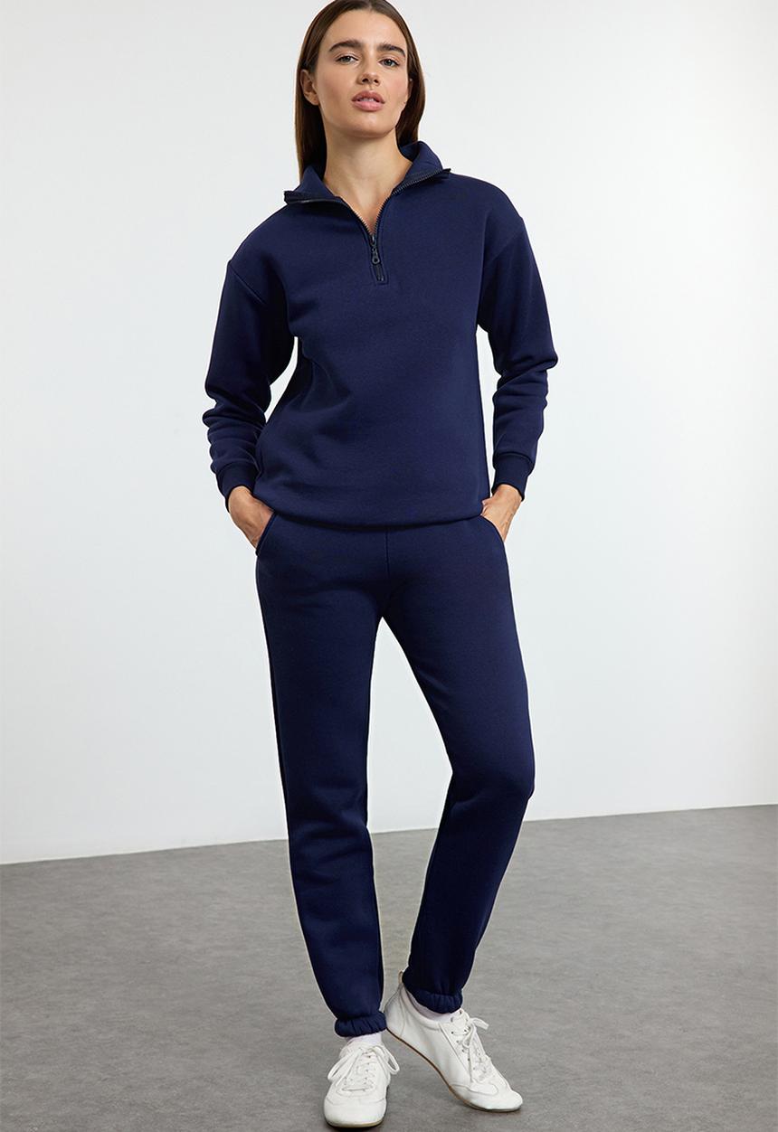 Stand Collar Fleece Zippered Jogger Tracksuit Set - Navy Blue