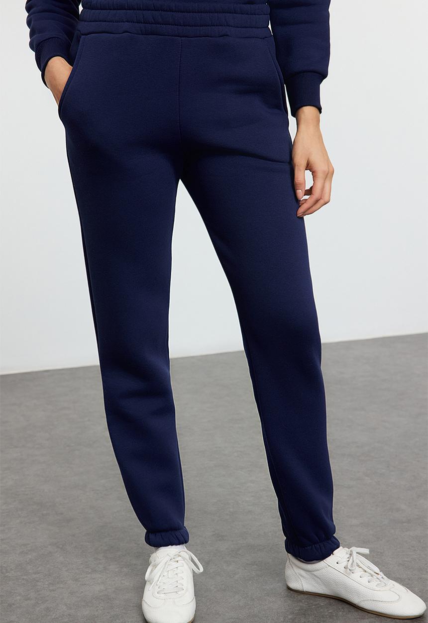 Trendyol - Stand Collar Fleece Zippered Jogger Tracksuit Set - Navy Blue