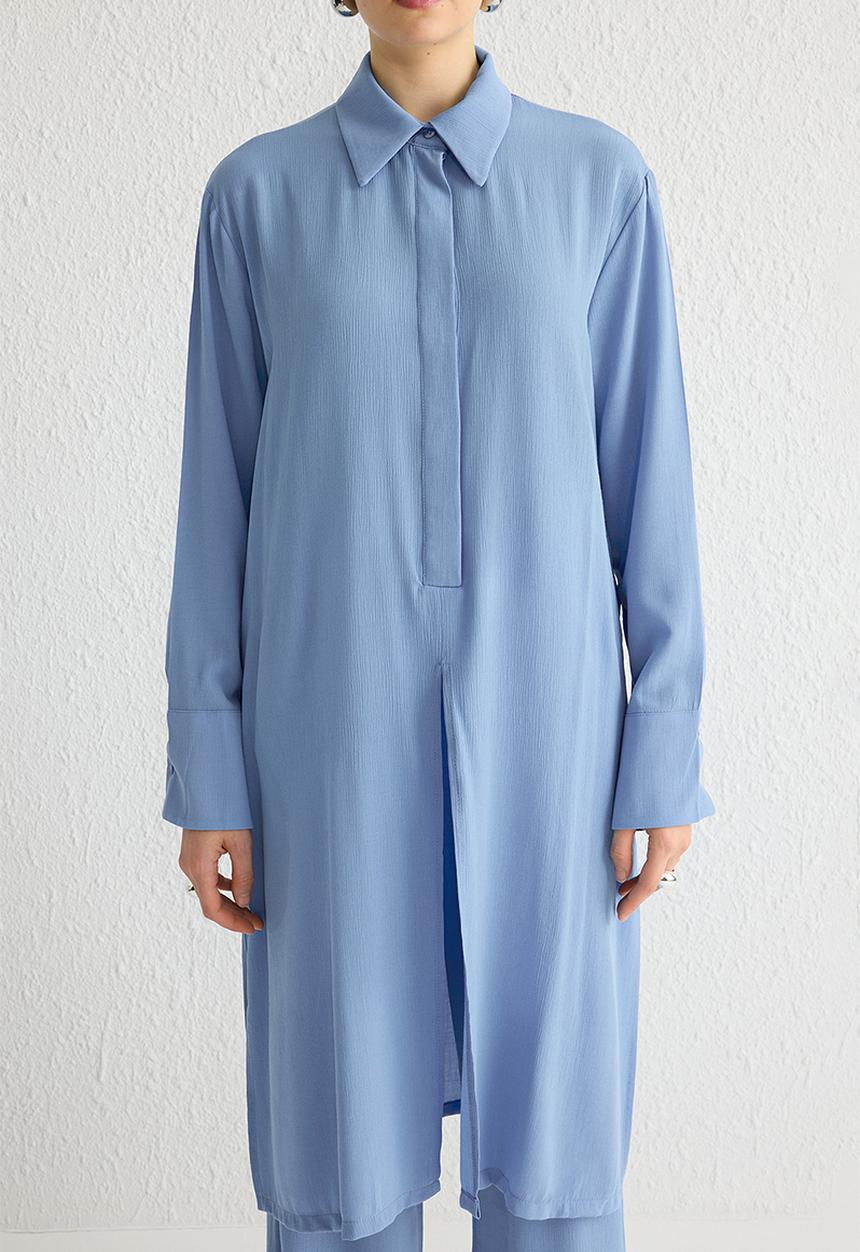 Trendyol - Front Slit Shirt Collar Woven Bottom-Top Suit Set - Blue