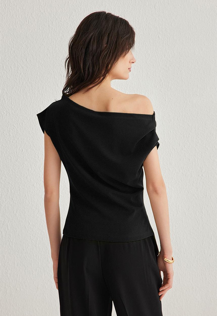 Trendyol - Knitted Blouse with Asymmetrical Neckline and Drape Detail - Black