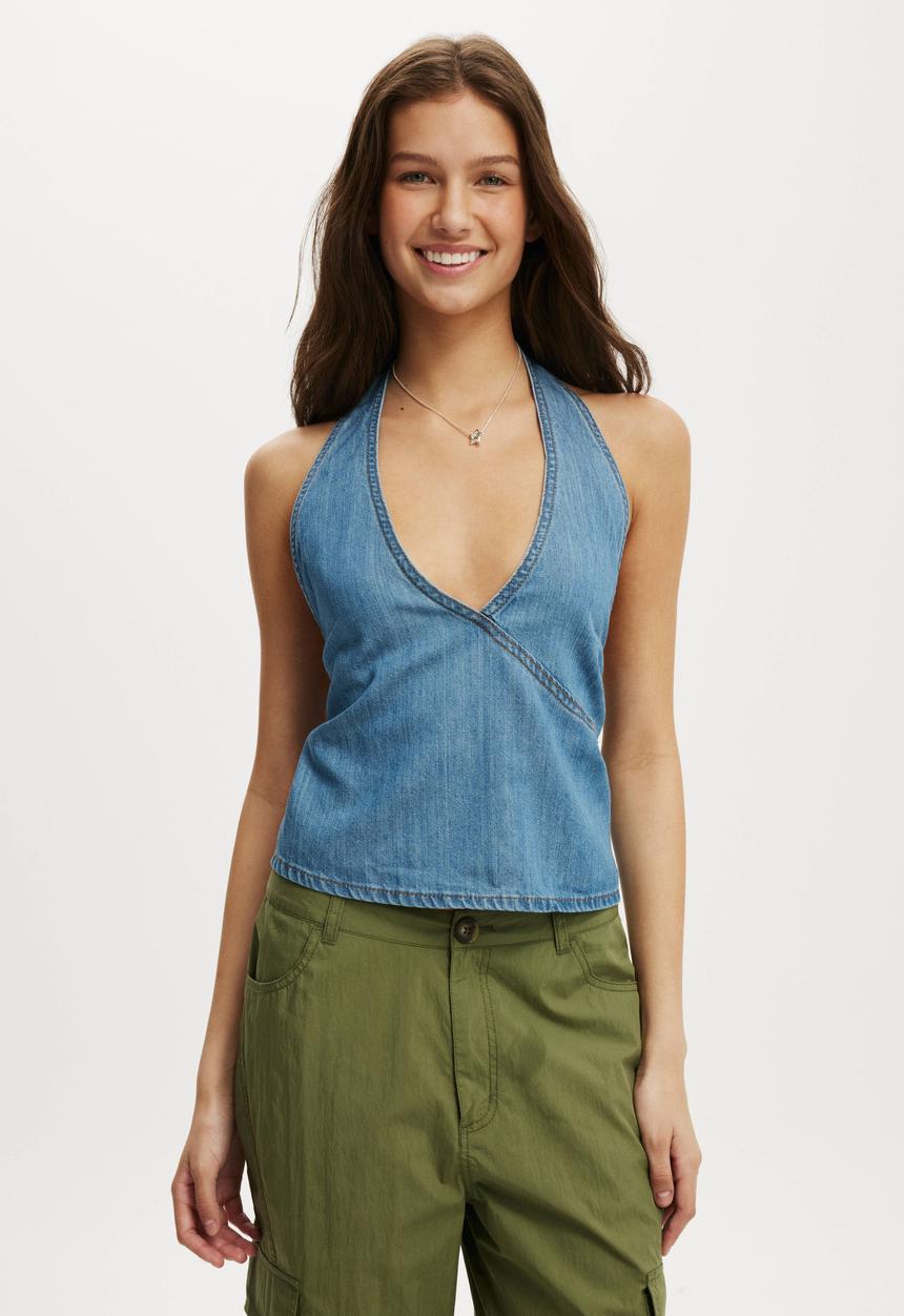 Cotton On - Avery wrap denim top - notion blue