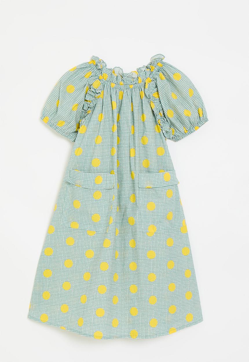 Pop Candy - Micro dot fabric dress with macro polka dots - green/yellow