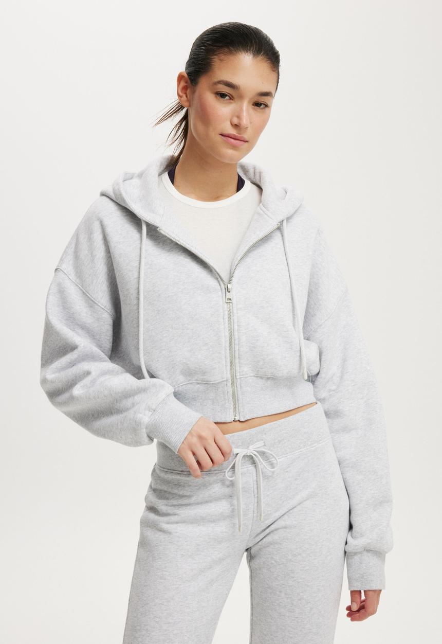 Cropped zip through hoodie - soft grey marle