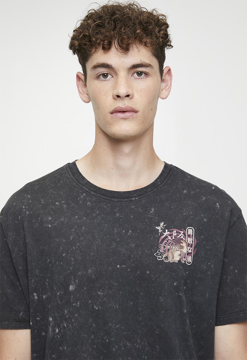 Brave Soul - Oversized Crew Neck T-Shirt  - Jet Black Acid Wash/Multi Colour Print