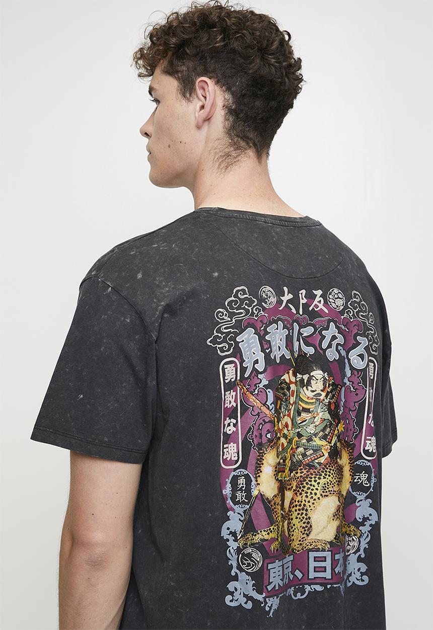 Brave Soul - Oversized Crew Neck T-Shirt  - Jet Black Acid Wash/Multi Colour Print