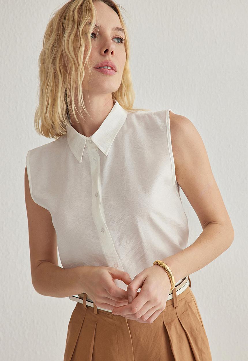 Trendyol - Zero Sleeve Linen Look  Regular Fit Woven Shirt - White