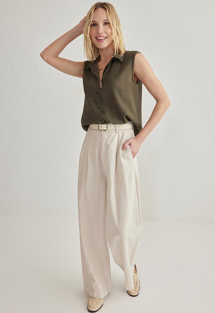 Trendyol - Zero Sleeve Linen Look Regular Fit Woven Shirt - Khaki
