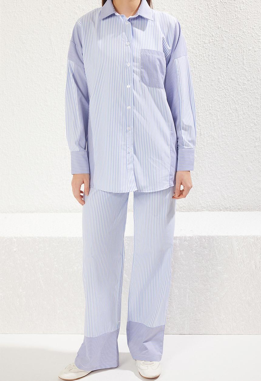 Trendyol - Oversize Striped Pocket Detailed Woven Bottom-Top Suit Set - Blue
