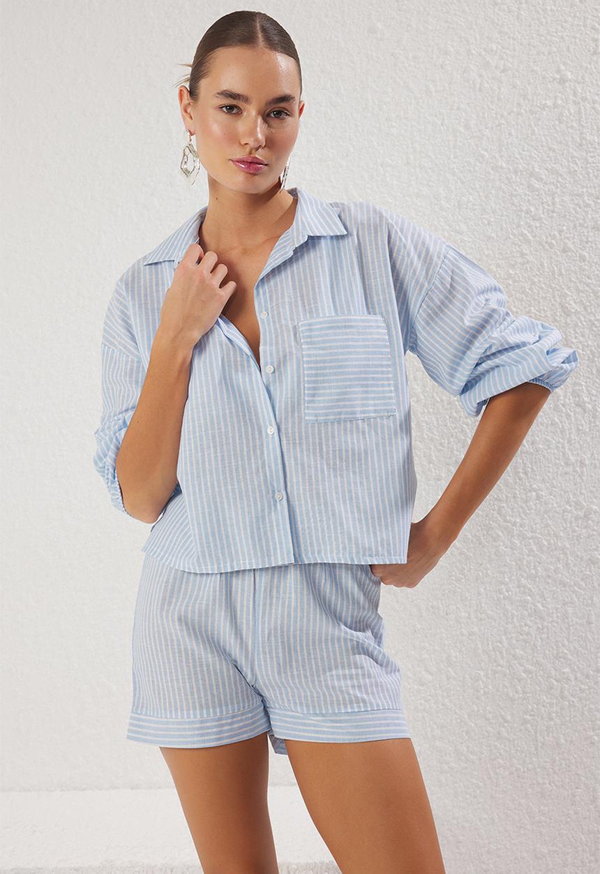 Trendyol - Striped Shirt and Shorts Beach Set - White-Blue
