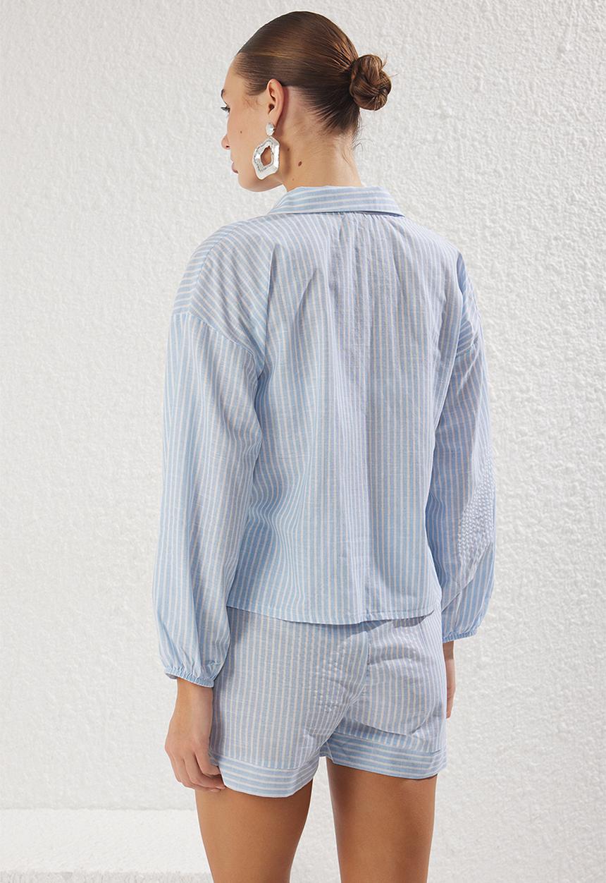 Trendyol - Striped Shirt and Shorts Beach Set - White-Blue