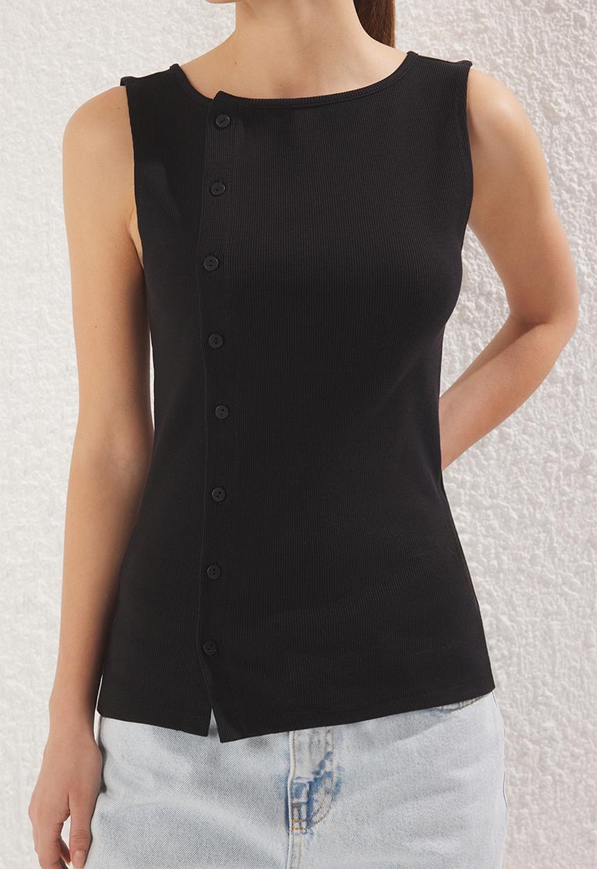Trendyol - Button Asymmetrical Fitted/Slim Fit Ribbed Stretch Knit Blouse - Black