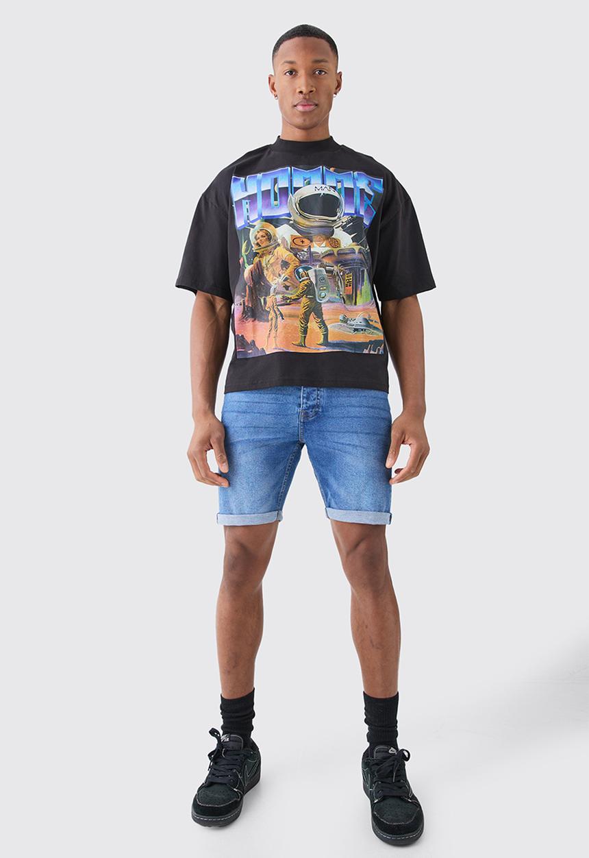 boohooMAN - Skinny Stretch Denim Shorts In Mid Blue - Mid Blue