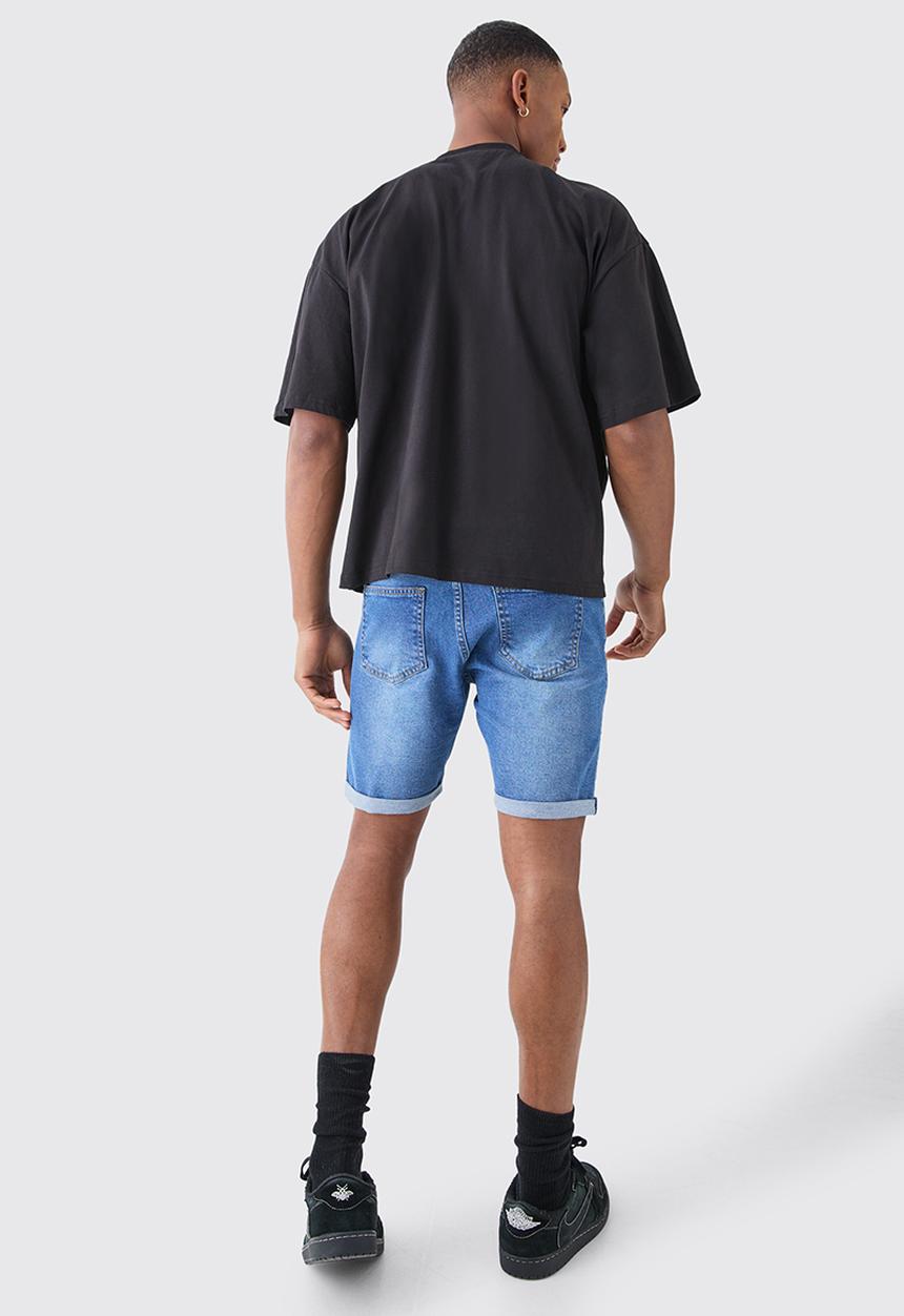 boohooMAN - Skinny Stretch Denim Shorts In Mid Blue - Mid Blue