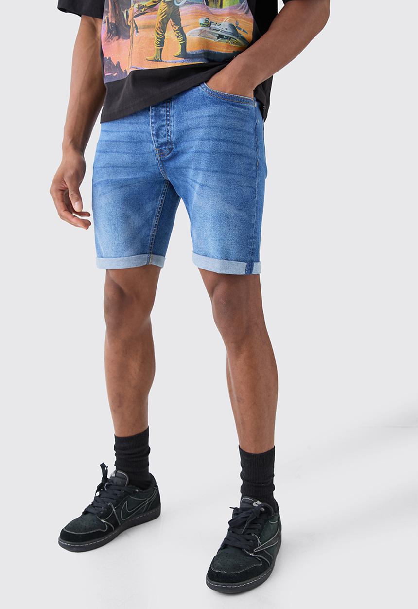 boohooMAN - Skinny Stretch Denim Shorts In Mid Blue - Mid Blue