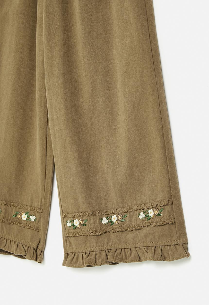 Pop Candy - Floral embroidered wide leg pants - dark brown