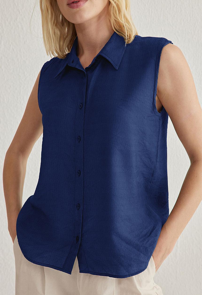 Trendyol - Sleeveless Linen Look Regular Fit Woven Shirt - Blue