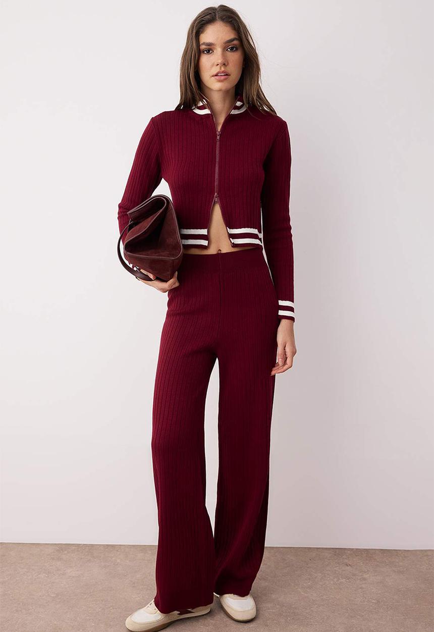 Trendyol - Zippered Knitwear Bottom-Top Set - Bordeaux