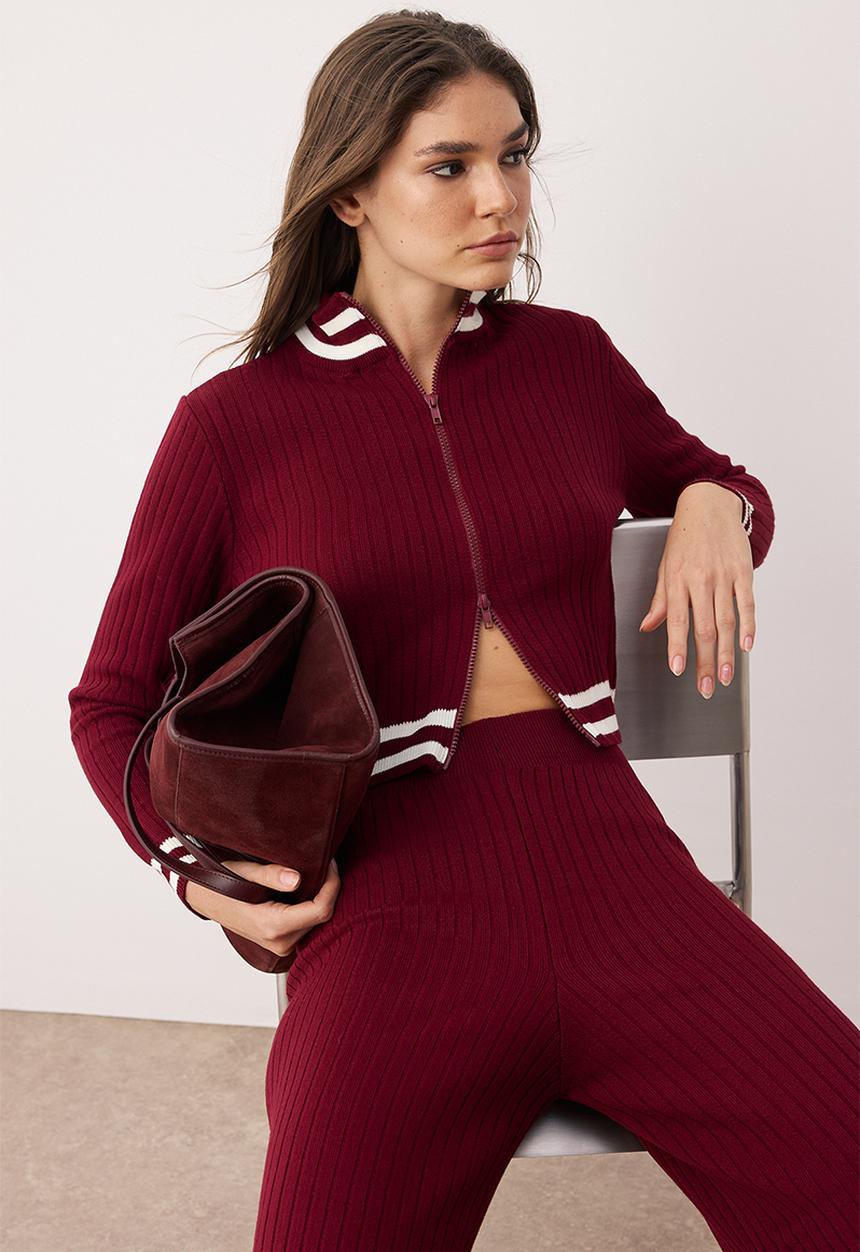 Trendyol - Zippered Knitwear Bottom-Top Set - Bordeaux