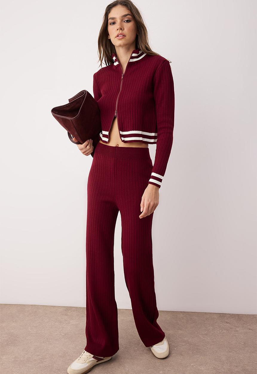Trendyol - Zippered Knitwear Bottom-Top Set - Bordeaux