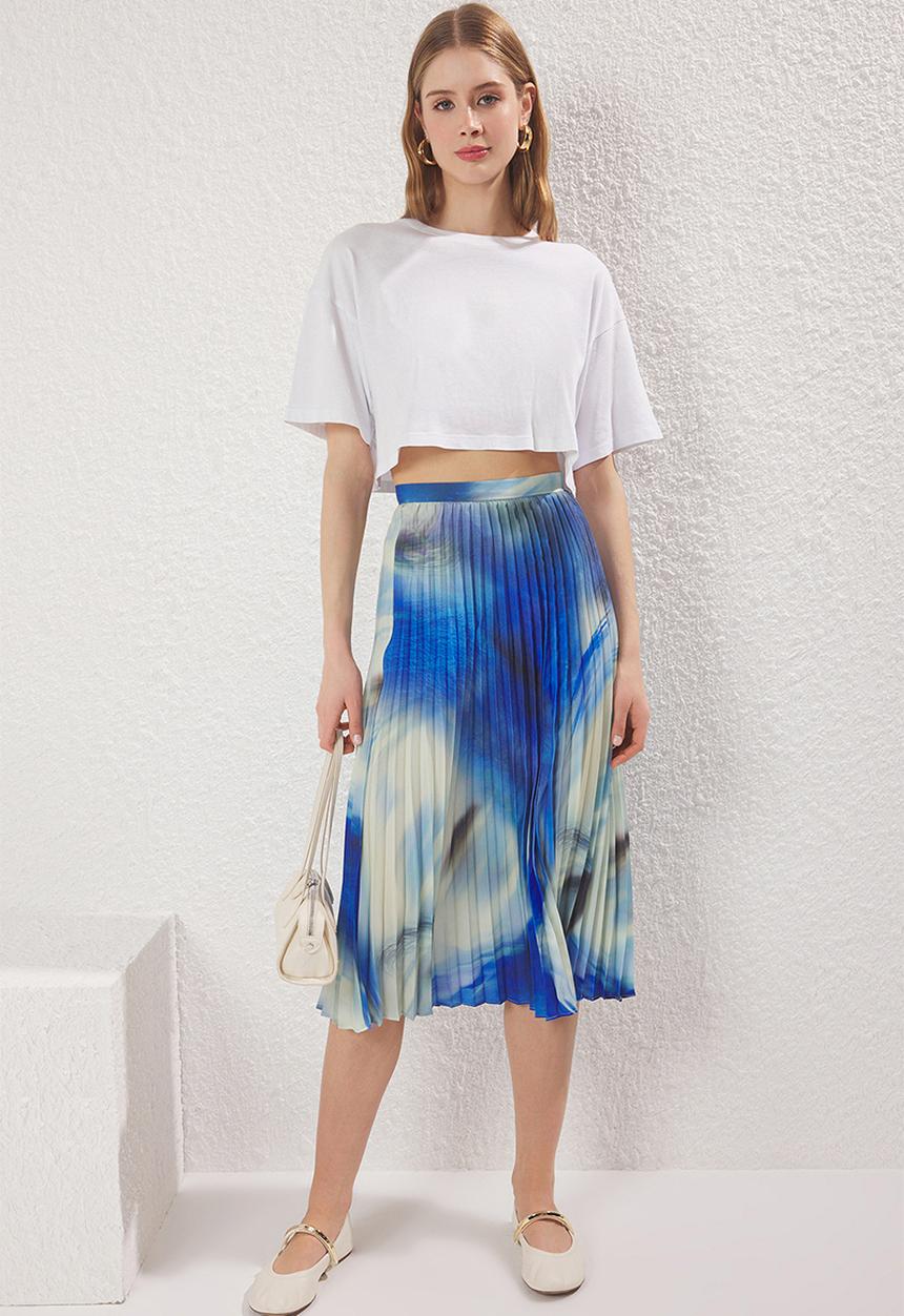 Trendyol - Tie-Dye Patterned Pleated Midi Length Woven Skirt  - Blue