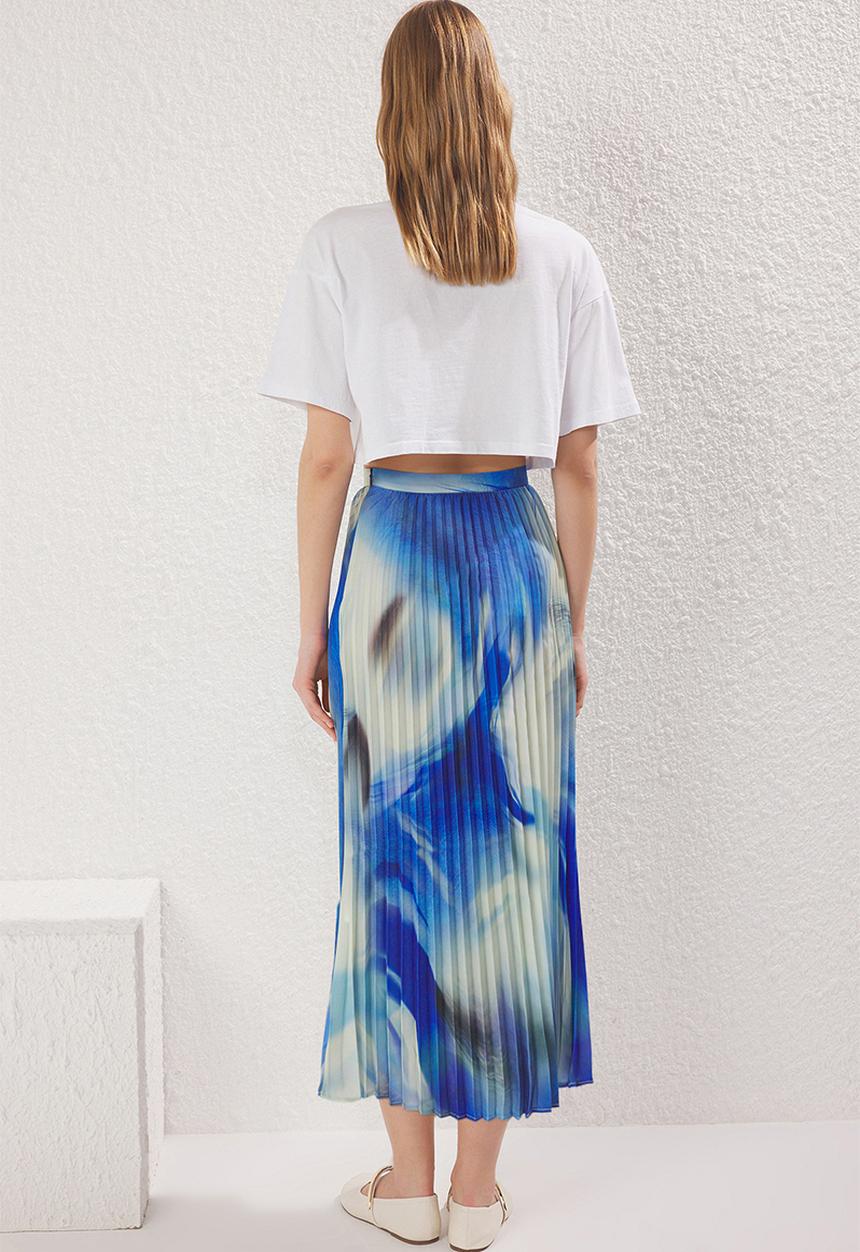 Trendyol - Tie-Dye Patterned Pleated Midi Length Woven Skirt  - Blue