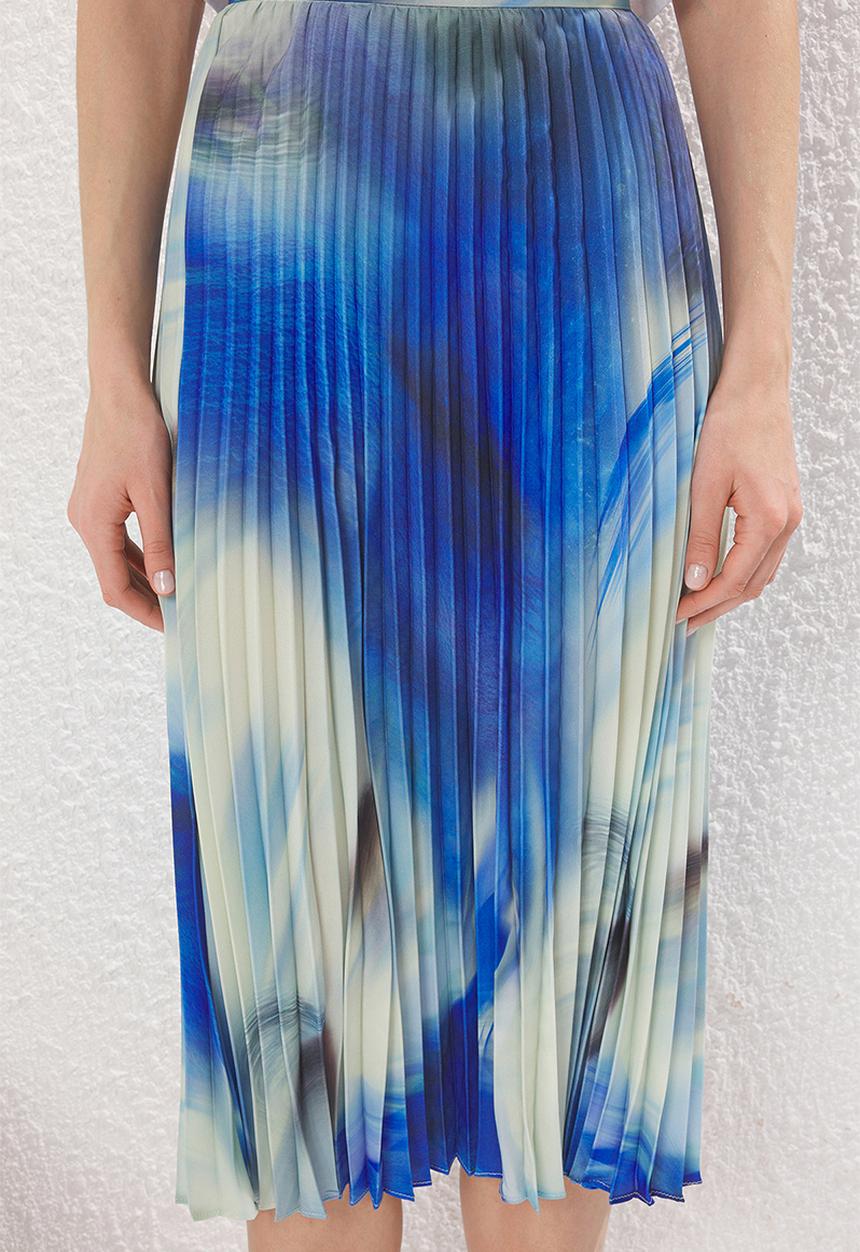 Trendyol - Tie-Dye Patterned Pleated Midi Length Woven Skirt  - Blue