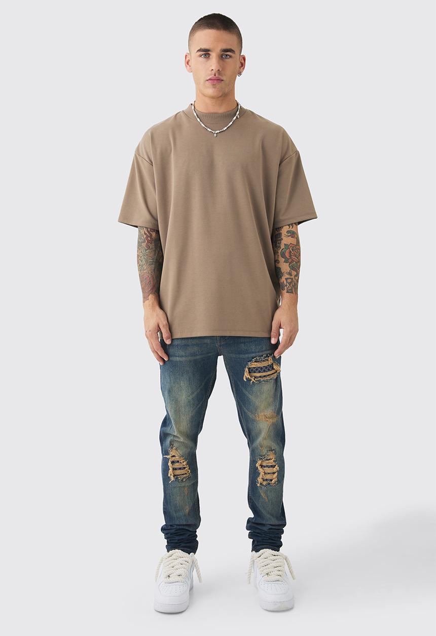 boohooMAN - Skinny Stretch Stacked Bandana Rip & Repair Jeans - antique blue