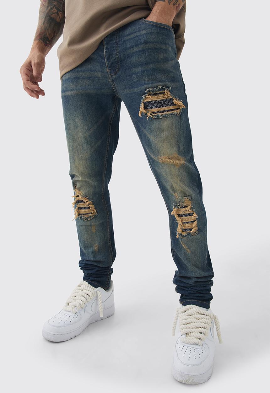 Skinny Stretch Stacked Bandana Rip & Repair Jeans - antique blue ...