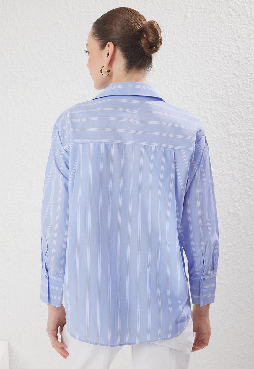 Trendyol - Stripes Oversize Mold Power Olive Oil Shirt - Blue
