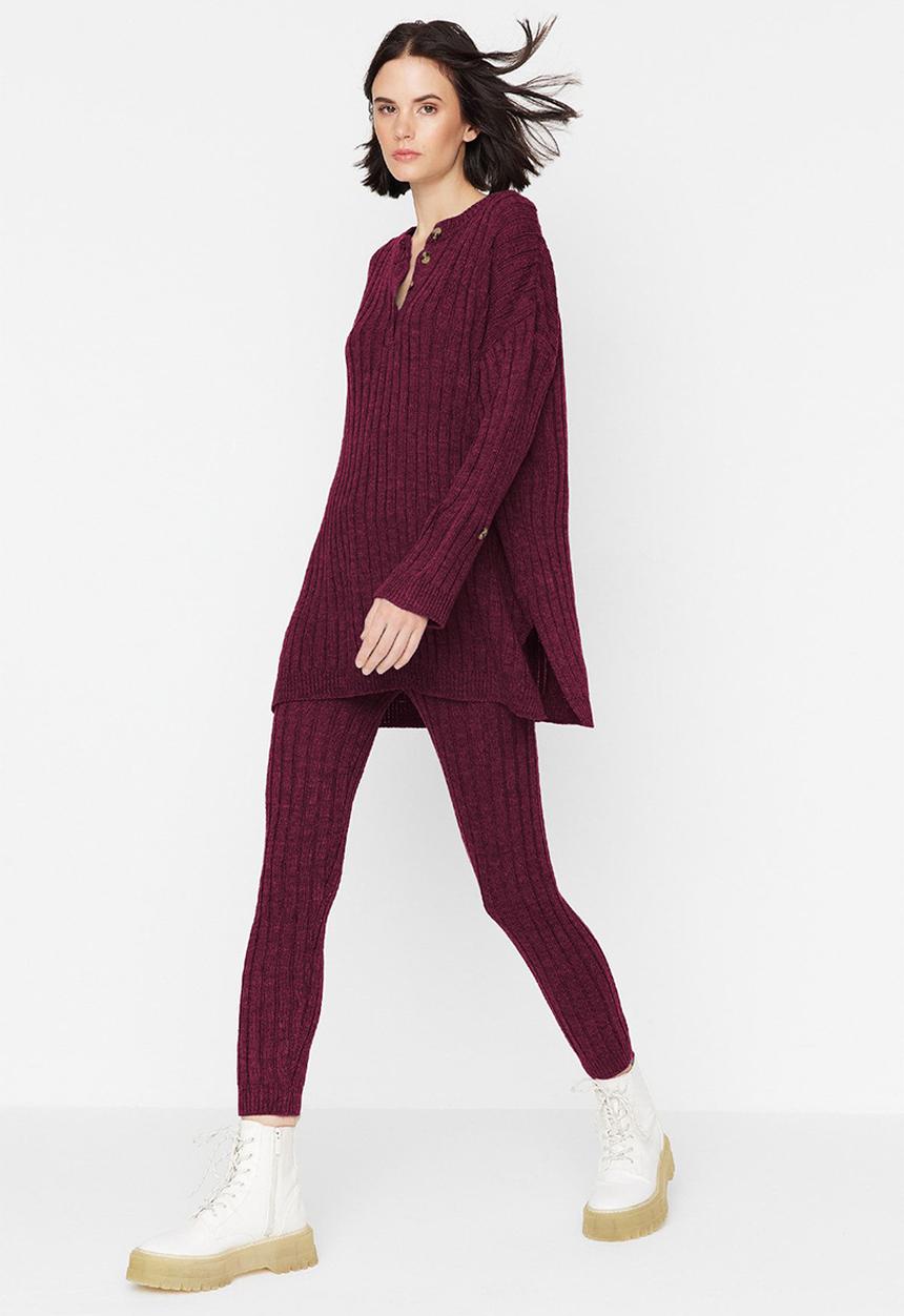Trendyol - Corded Wide Fit Knitwear Bottom-Top Set - Bordeaux