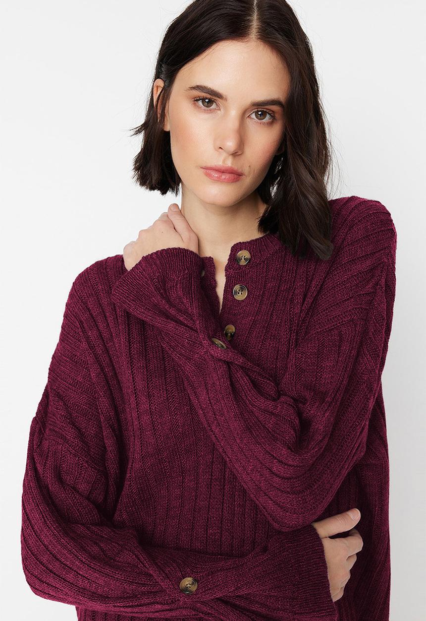Trendyol - Corded Wide Fit Knitwear Bottom-Top Set - Bordeaux