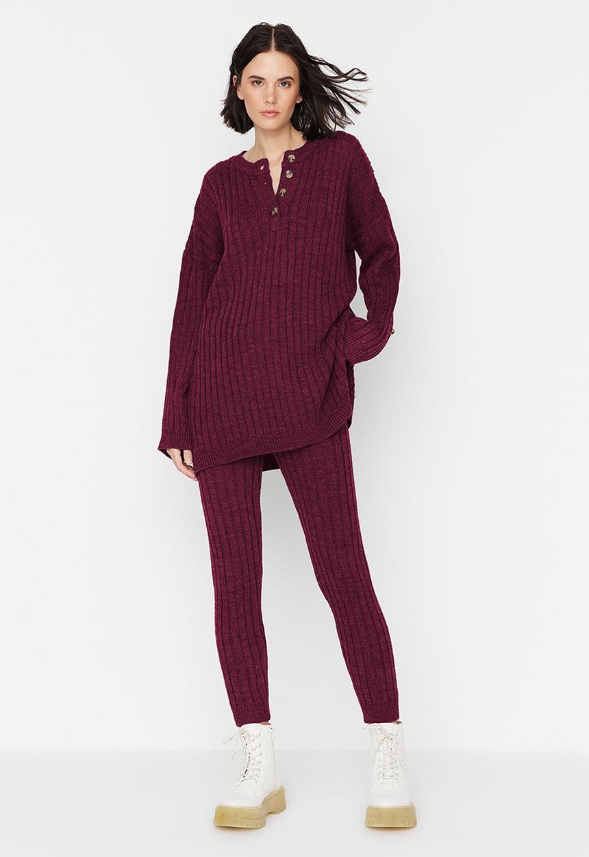 Trendyol - Corded Wide Fit Knitwear Bottom-Top Set - Bordeaux