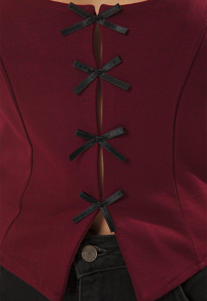 Trendyol - Ribbon Binding Detailed Body Fitting Knitted Blouse - Burgundy