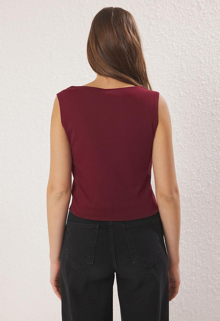 Trendyol - Ribbon Binding Detailed Body Fitting Knitted Blouse - Burgundy