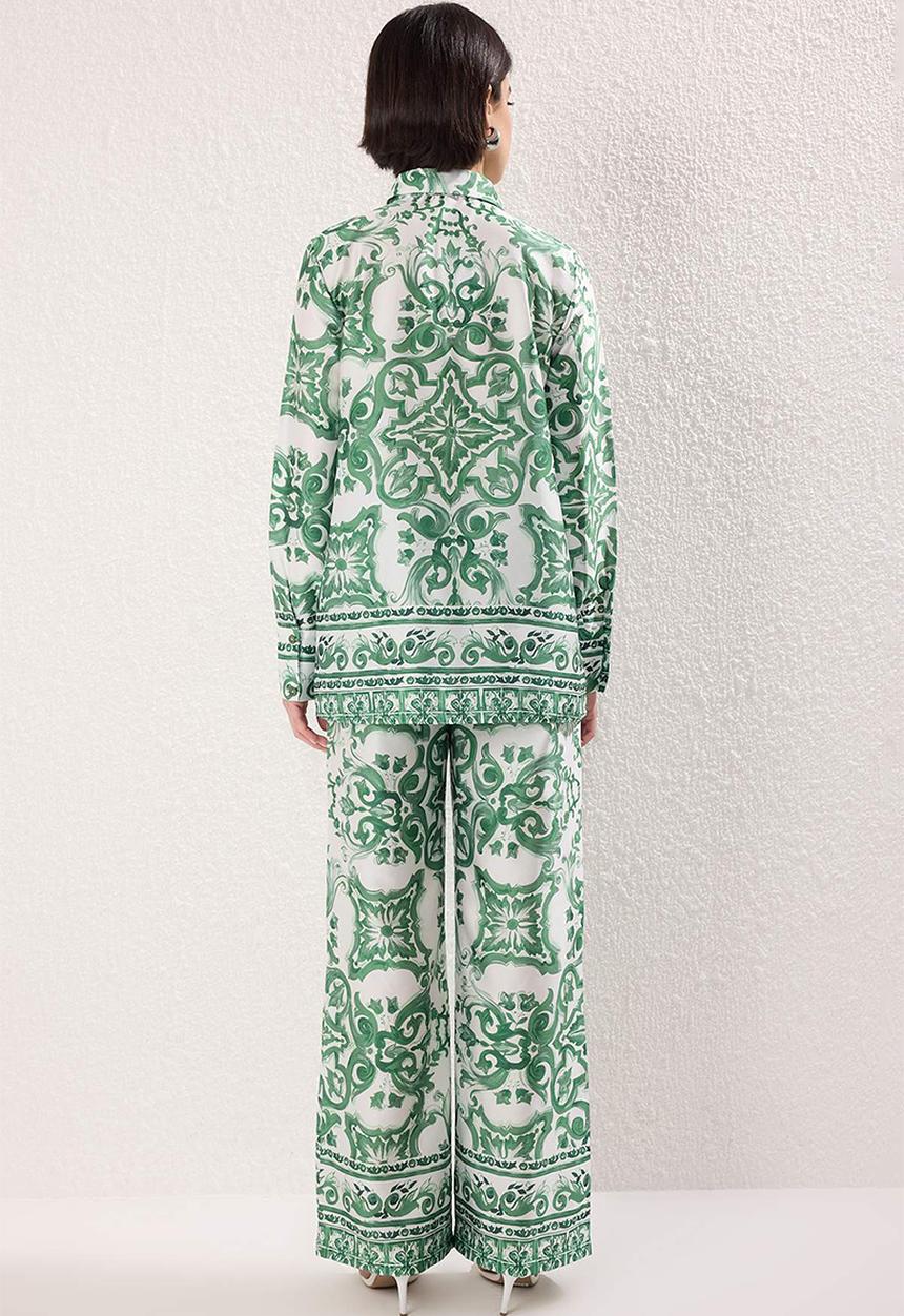 Trendyol - Patterned Satin Woven Bottom-Top Set - Mint