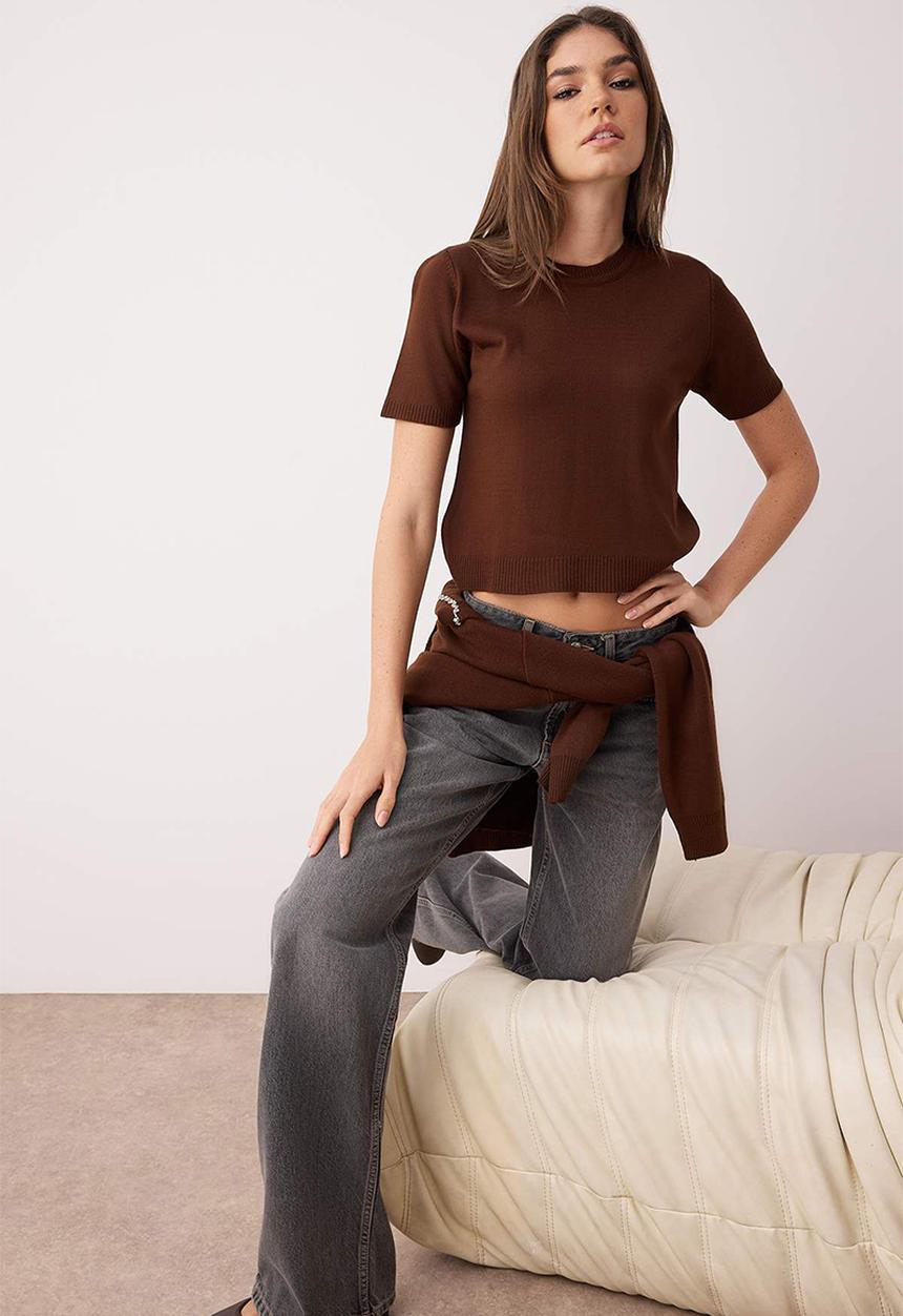 Trendyol - Detailed Soft Textured Double Knitwear Cardigan-Blouse - Brown
