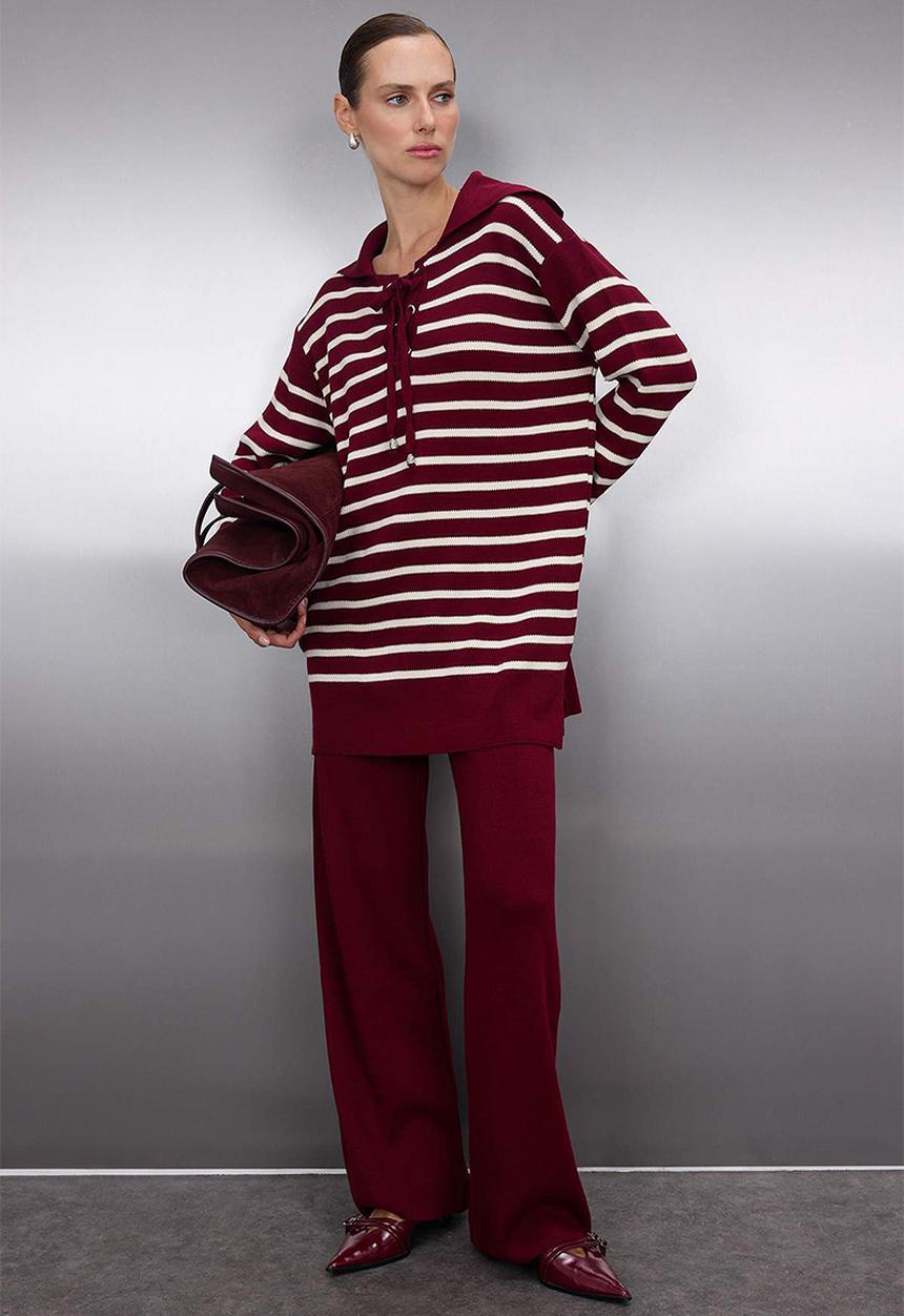 Trendyol - Striped Collar Binding Detailed Sweater-Pants Knitwear Top and Bottom Set - Bordeaux