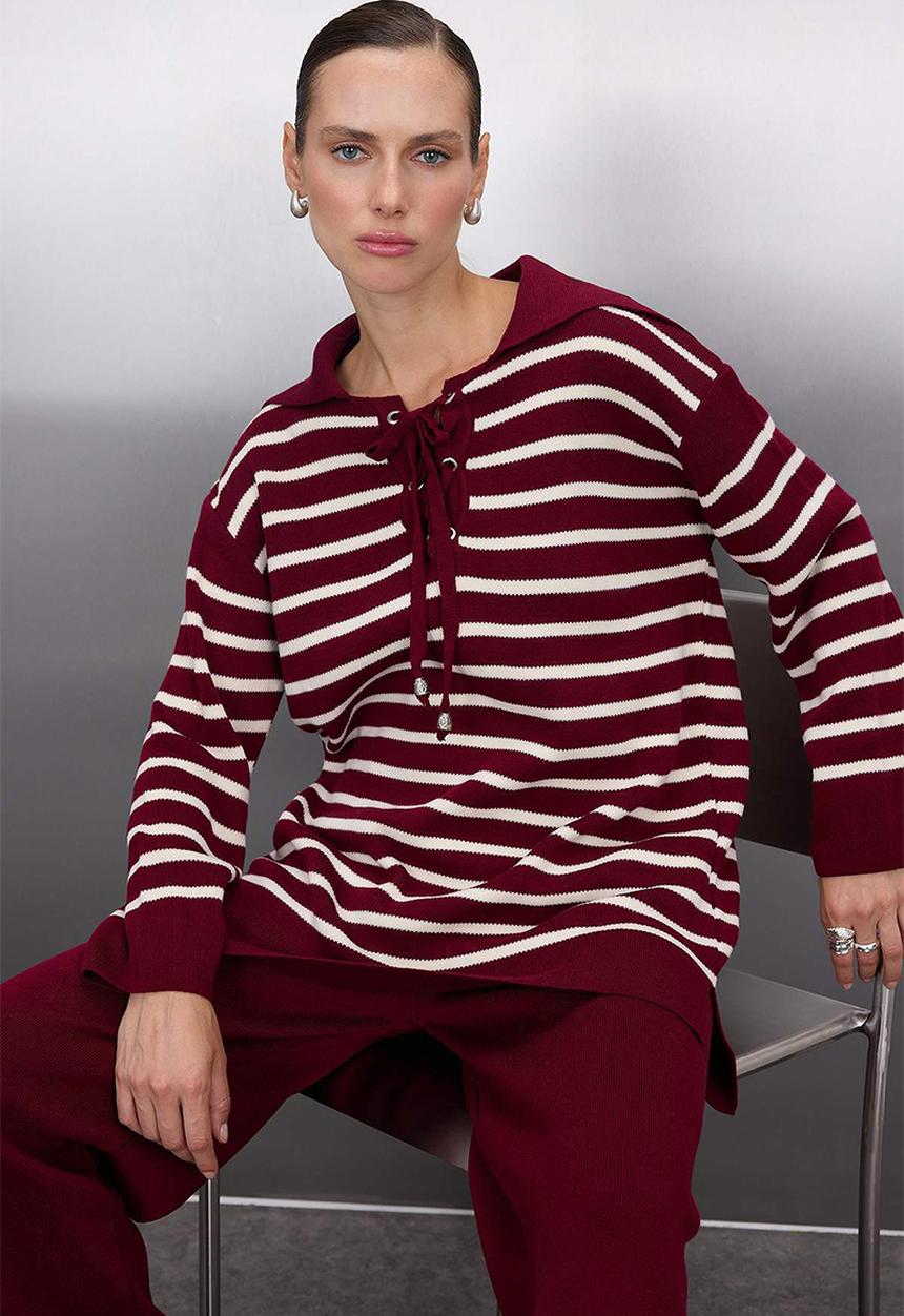 Trendyol - Striped Collar Binding Detailed Sweater-Pants Knitwear Top and Bottom Set - Bordeaux