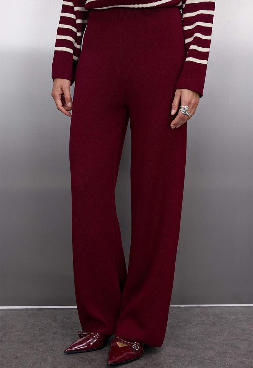 Trendyol - Striped Collar Binding Detailed Sweater-Pants Knitwear Top and Bottom Set - Bordeaux
