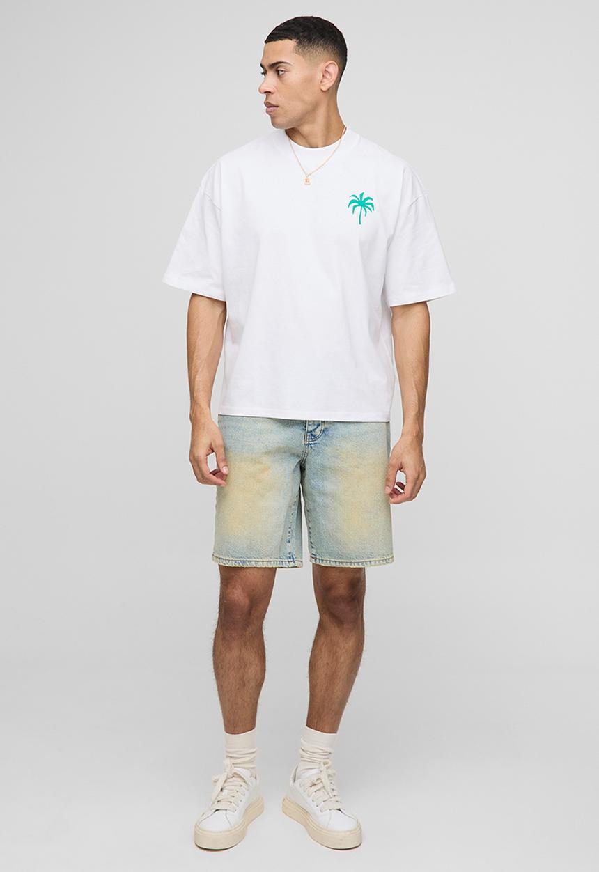 boohooMAN - Oversized Boxy Extended Neck Palm Slogan T-Shirt - White