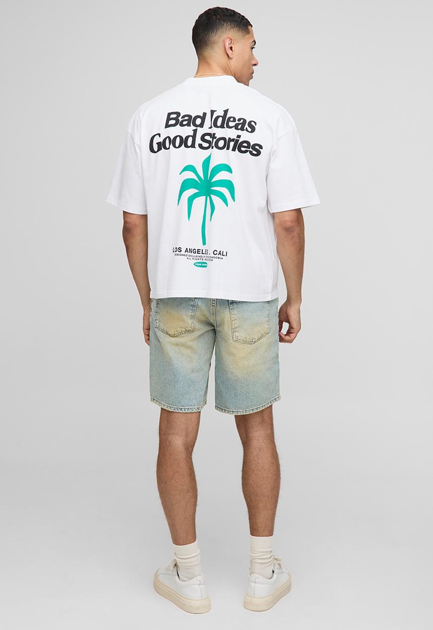 boohooMAN - Oversized Boxy Extended Neck Palm Slogan T-Shirt - White