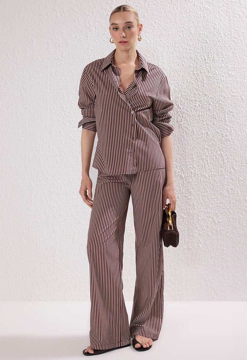 Trendyol - Striped Woven Button Closure Shirt Pants Bottom-Top Suit Set - Bordeaux
