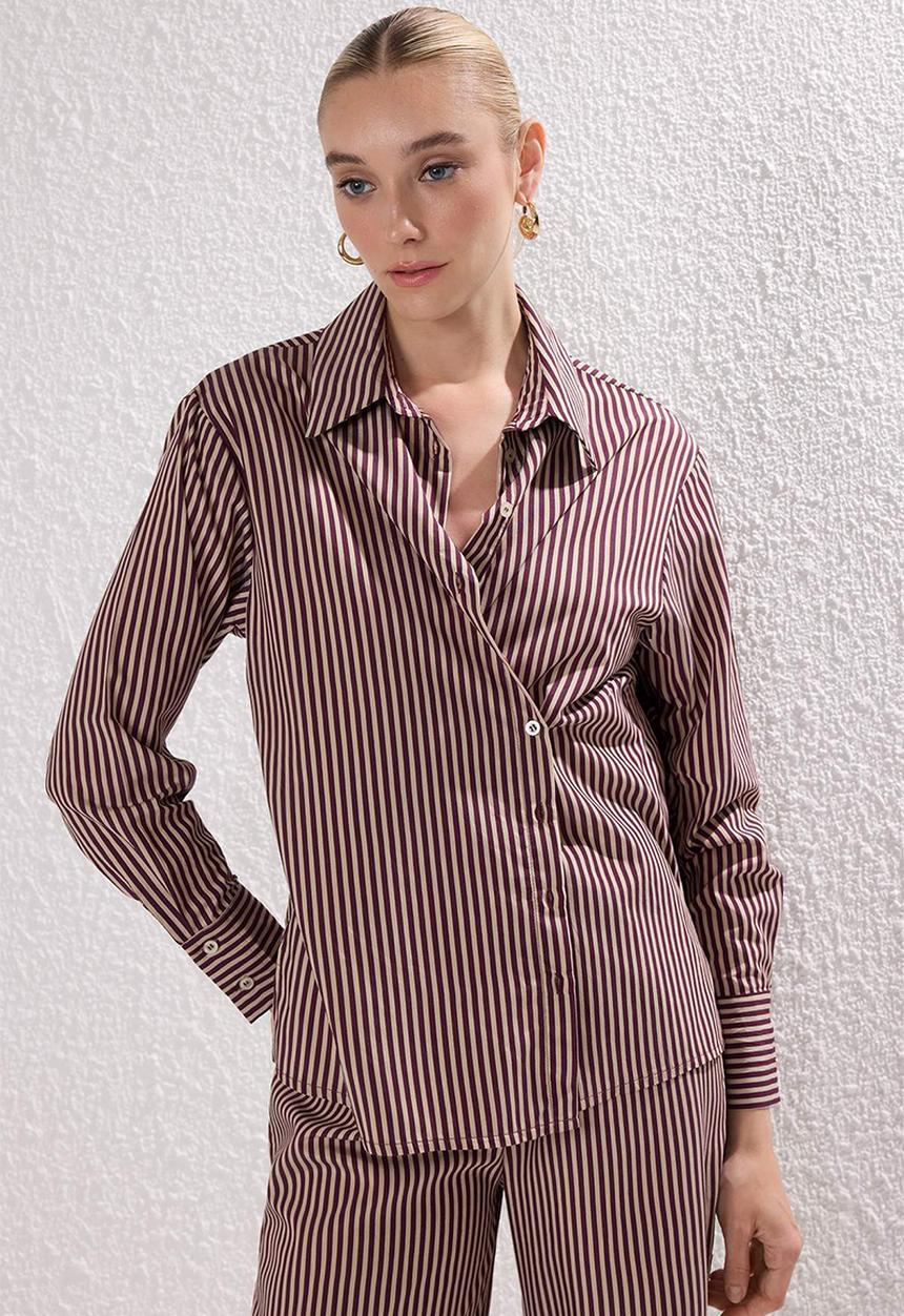 Trendyol - Striped Woven Button Closure Shirt Pants Bottom-Top Suit Set - Bordeaux