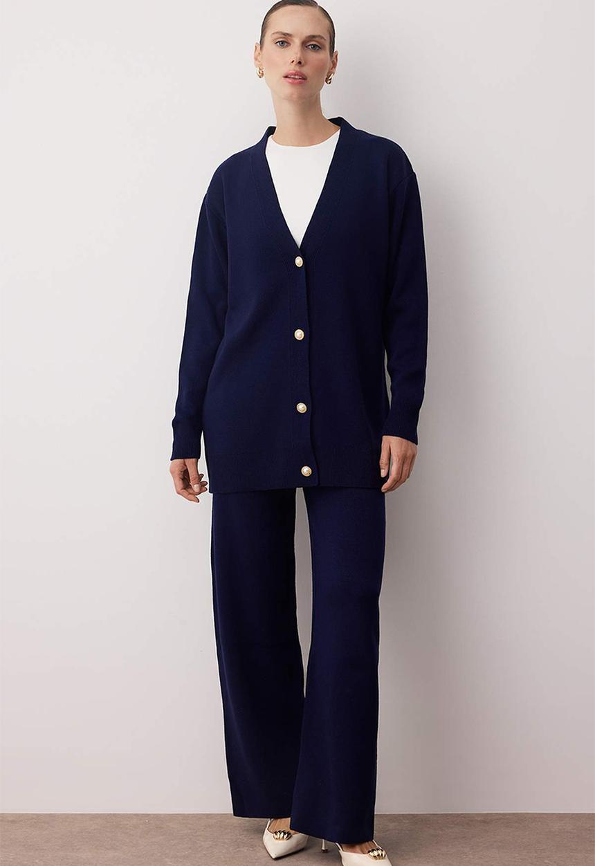 Trendyol - Pearl Button Cardigan-Pants Knitwear Bottom-Top Set - Navy Blue