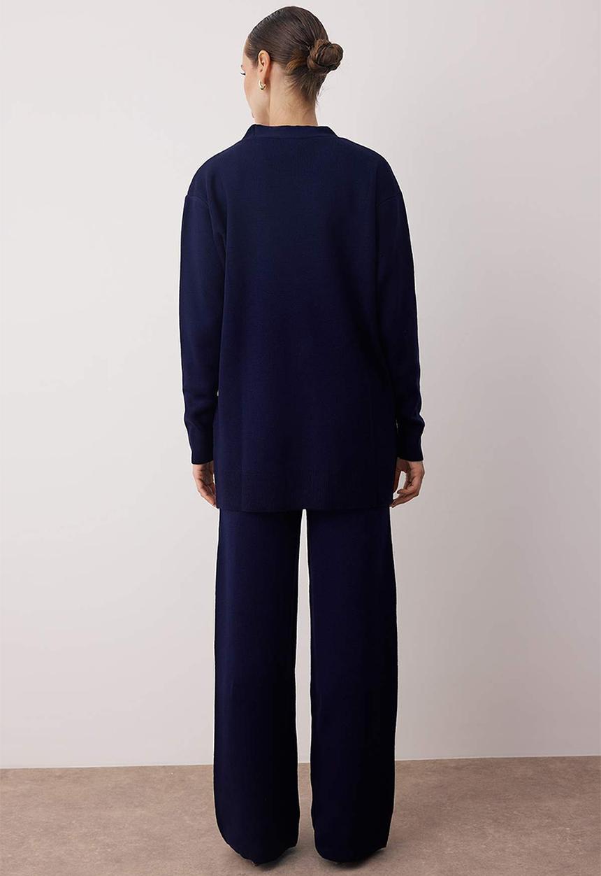 Trendyol - Pearl Button Cardigan-Pants Knitwear Bottom-Top Set - Navy Blue