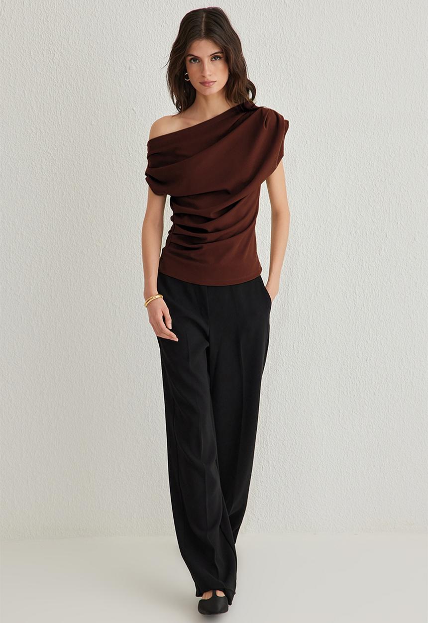 Trendyol - Draped Asymmetric Blouse - Brown