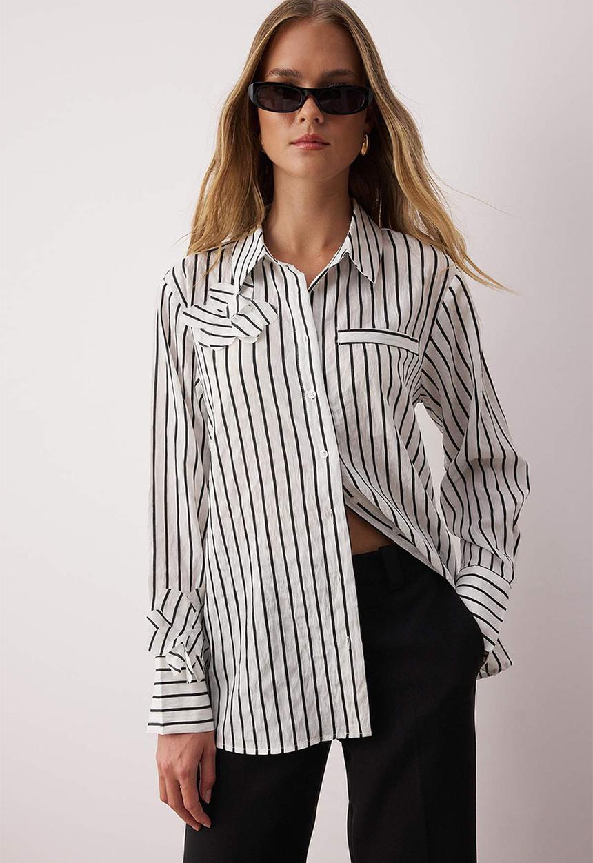Trendyol - Collar Floral Detailed Striped Shirt - White